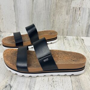 Reef Cushion Vista Hi Platform Black Leather Sandals Strappy Shoes Size 10